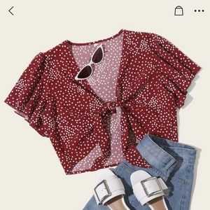 Plunging Polka Dot Tie-Front Crop Top